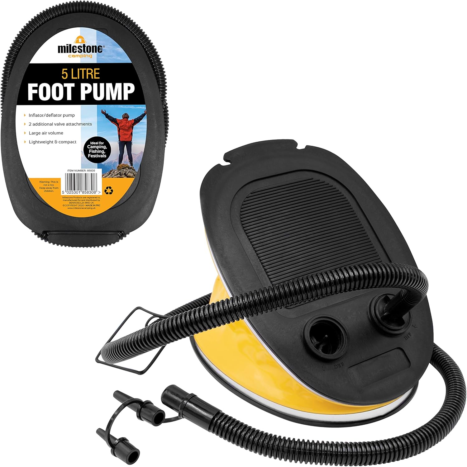 ## Milestone Camping 85830 Portable Foot Air Pump Inflator Balloon Swimming Ring Inflatable, Yellow, 5 Litres