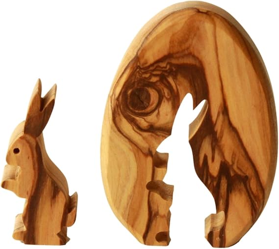 Kassis Olive Wood Easter Decoration, Easter Bunny in Egg, 7 cm, from Bethlehem