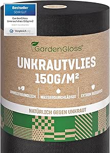 GardenGloss 50m2 Unkrautvlies Gartenvlies 150g/m2 Extra Stark Gegen Unkraut – Extrem Reissfest und Hohe UV-Stabilisierun