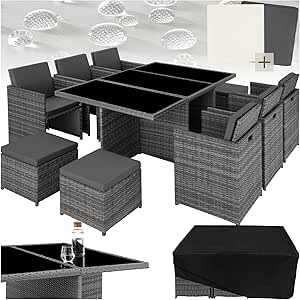 tectake® Polyrattan Gartenmöbel Set, Sitzgruppe mit 6 Stühle + 1 Glasplatte Tisch + 4 Hocker, Gartenlounge Set klappbar