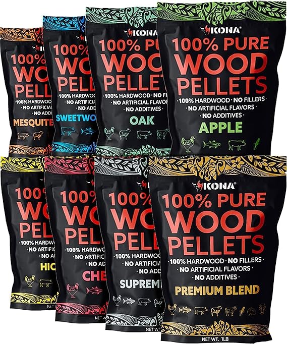 ## Kona Wood Pellets for Ninja Wood Fire, Outdoor Grill, Wood Fire Oven and Smoker, 8 Resealable Bags of 1.1 lb
