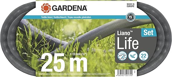 Liano Life 18455-20 Textile Hose 1/2 Inch, 25 m Set: Highly Flexible Garden Hose Made of Textile Fabric, with PVC Inner Hose, No Bending, Lightweight, Weather-Resistant (18455-20), Multicoloured
