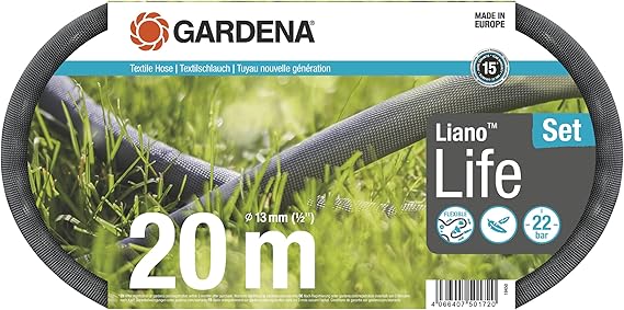 Liano Life 18450-20 Textile Hose 1/2 Inch, 20 m Set: Highly Flexible Garden Hose Made of Textile Fabric, with PVC Inner Hose, No Bending, Lightweight, Weather-Resistant