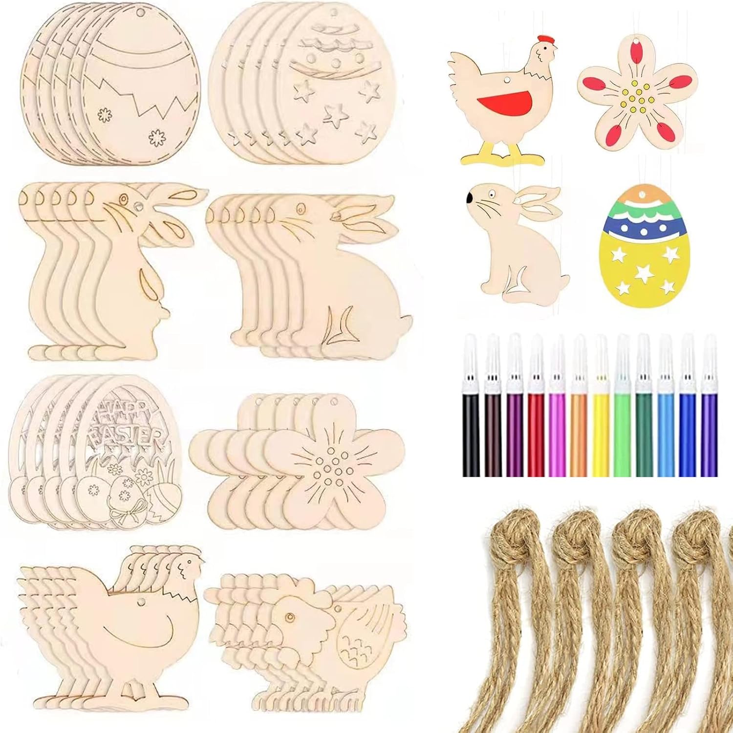 ## HBell 40 Pieces Easter Wooden Craft Kits Unfinished Hanging Embellishments Craft Kit for Kids (Rabbits and Egg)