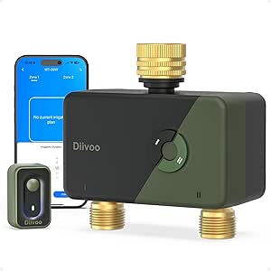 Diivoo WLAN Bewässerungscomputer mit 2 Ausgängen, Messinganschlüssen & 12 Zeitplänen, Smarte Bewässerungsuhr kompatibel