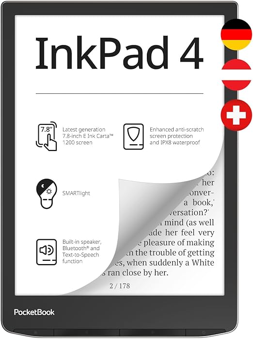 PocketBook InkPad 4 E-Reader, 7.8 Inch E-Ink Touch, 32 GB, Bluetooth, Waterproof, Silver - DE/AT/CH Version