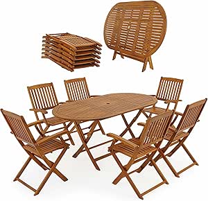 Casaria® Gartenmöbel Set Holz Wetterfest Klappbar 7-TLG. Schirmständer Armlehnen Garten Balkon Terrasse 160x85cm Akazie