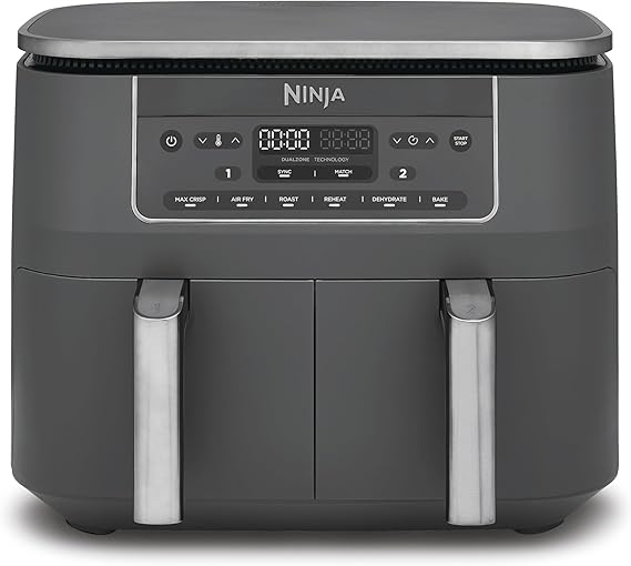 Dual Zone Digital Air Fryer, 2 Drawers, 6-in-1, Oil Free Hot Air Fryer, 7.6L, Hot Air Fryer, Max Crisp, Roasting, Baking, Reheating, Dishwasher Safe Baskets, Metallic Grey DZ300EU