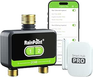 RAINPOINT Bewässerungscomputer WLAN 2 Ausgänge, Messing-Einlass und -Auslass, Automatische Garten Bewässerungsuhr mit Ap