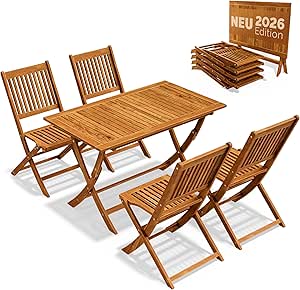 Casaria® Gartenmöbel Set Modell 2026 - NEU: Extra Stabiler Tisch mit umlaufender Verstärkungsleiste 5-teilig aus FSC® Ak