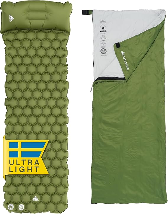 TRINORDIC Ultralight Sleeping Mat and Summer Sleeping Bag Set - Only 1250 g